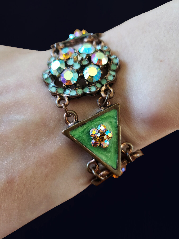 Designer Bracelet with Copper Colored Metal Enamel & Diamante’s 7 – 8 1/4 inches
