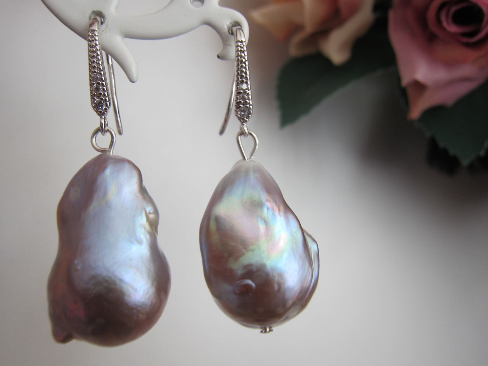 Huge Purple South Sea Keshi Reborn Pearl Drop Earrings on Silver Hoop 25 29mm.
