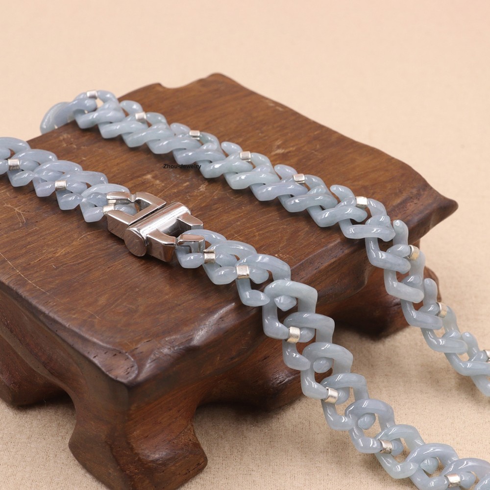 Natural Blue Water Jadeite Cuban Link Chain Necklace -Authentic Gemstone Jewelry