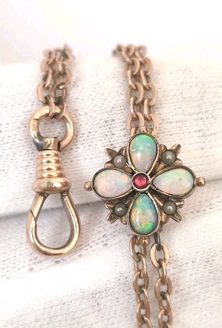 Antique Victorian Rose Gold Filled Slide Watch Chain Muff Necklace Opal Paste SD