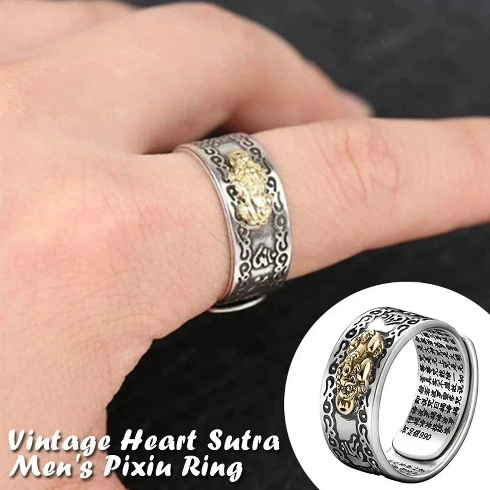 Feng Shui Pixiu Adjustable Ring Silver Plated Buddhist Mantra LuckyAmulet Unisex