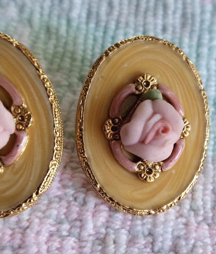 Goldtoned Oval Ornate Pierced Earrings With Ceramic Roses & Gold Swirl Enamel