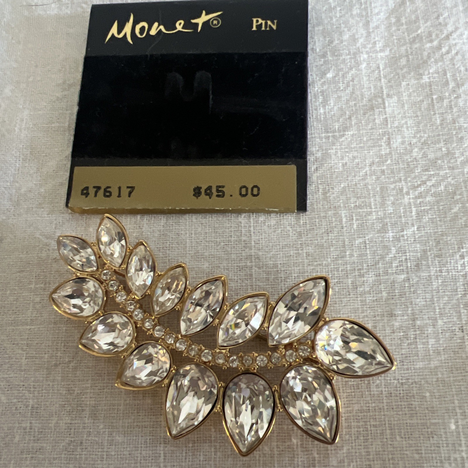 Vtg Signed Monet Gold Tone Leaf White Rhinestones Brooch Statement Pin 2 5/8 in
