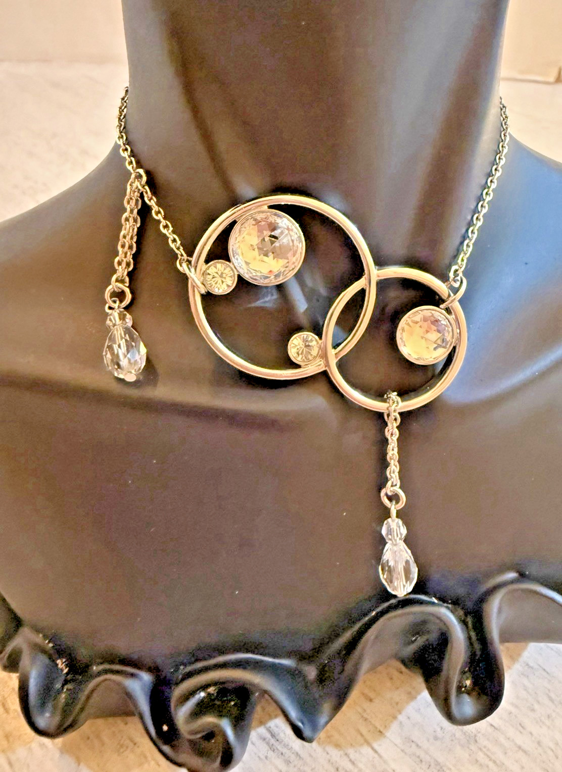 Swarovski Crystal Necklace Conjoined Circles Bezel Set Cascading Teardrop Signed