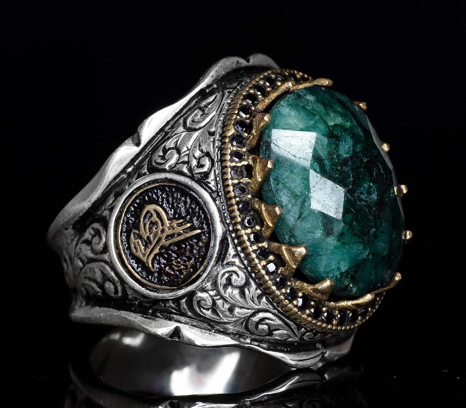 KAMBO 925 Sterling Silver Ottoman Emerald Men’s Ring Handmade Turkey KL16