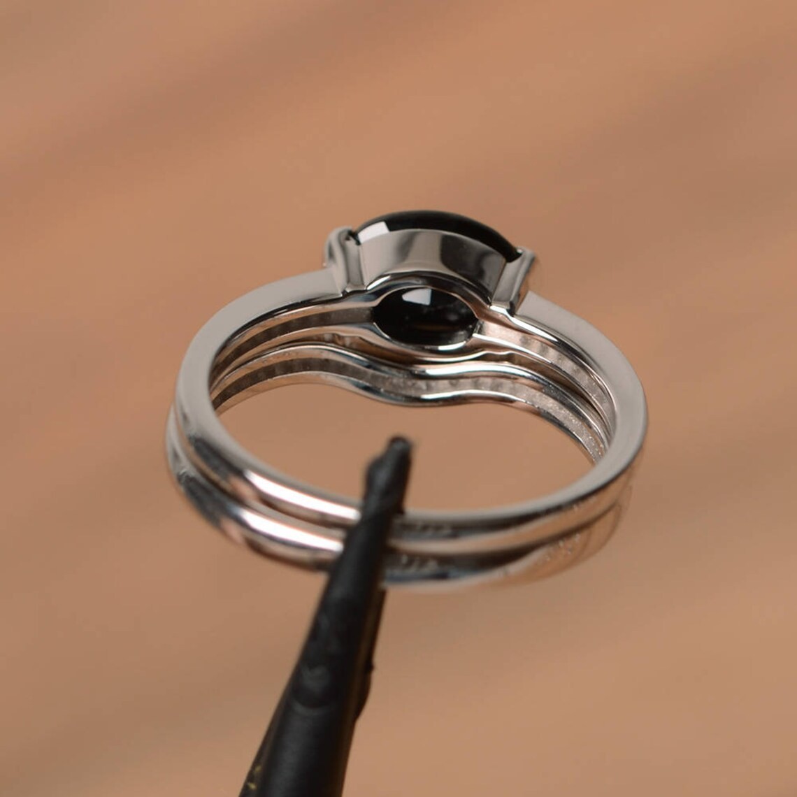 2CT Black Spinel Oval Gemstone 925 Silver Plated Stack Ring Duty Free