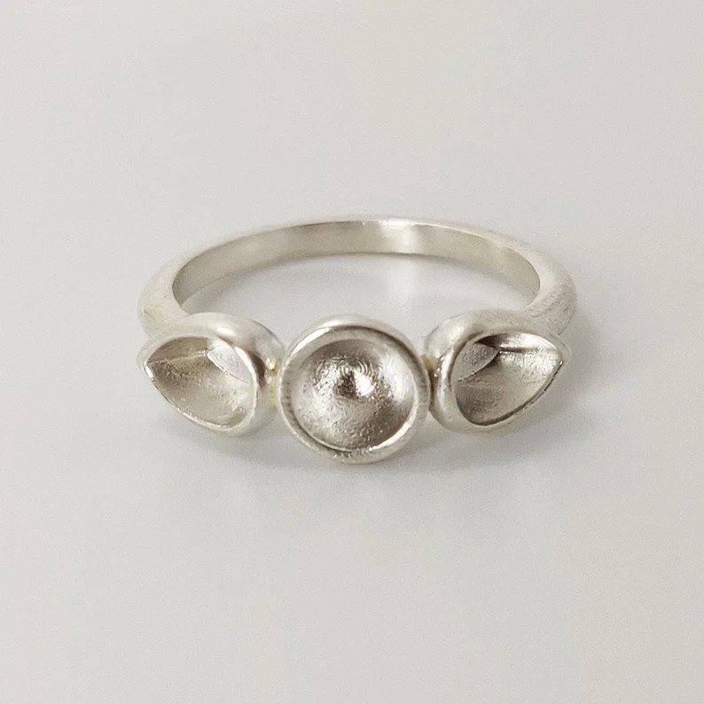 925 Sterling Silver 3-Stone Cup Bezel Ring Round & Pear Gem Stacking Ring