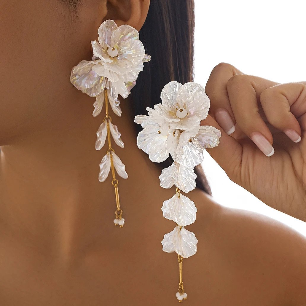 White Flower Drop Earrings Petal Hanging Silver Tone Womens Jewelry Daily Wear