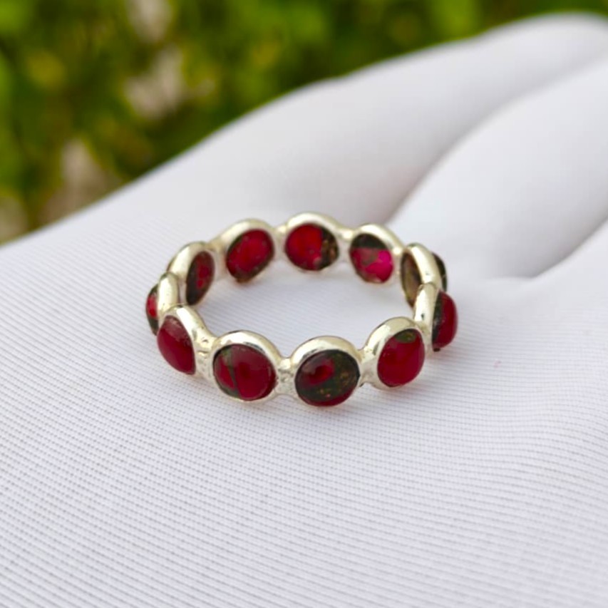 Handmade Red Copper Turquoise Sterling Silver Full Eternity Band Ring