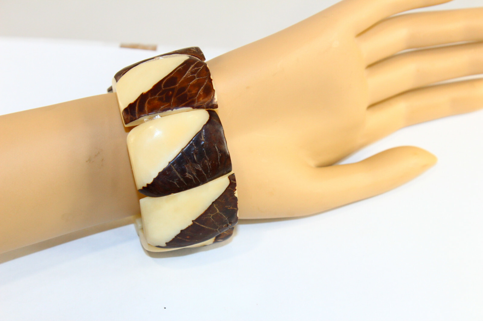 Wide Dark Brown White Cream Plastic Stretch Bracelet Thick Statement Jewelry