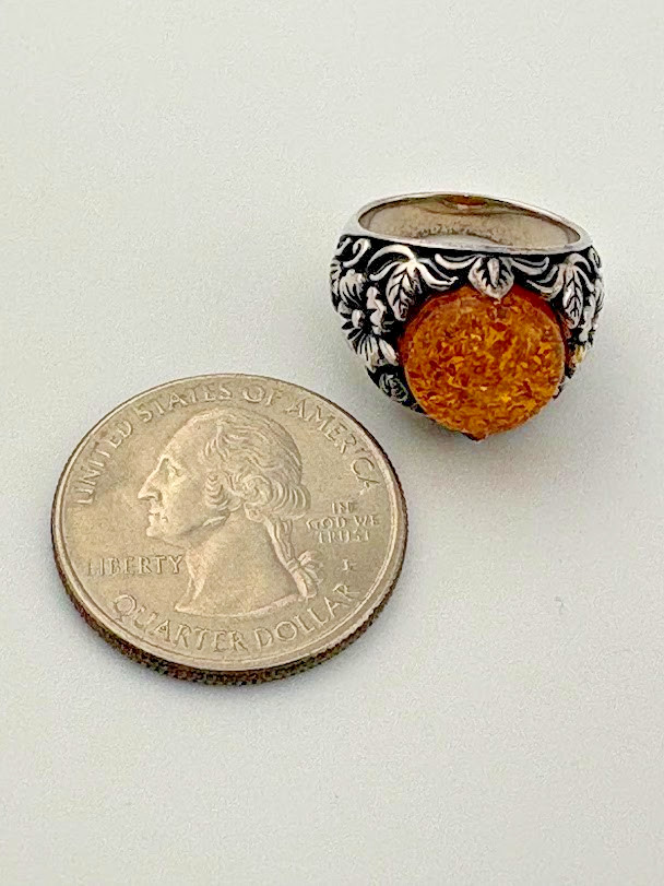 BBJ BANGKOK 925 STERLING SILVER 11MM ROUND AMBER FLORAL RING SIZE 5 BOHO 640
