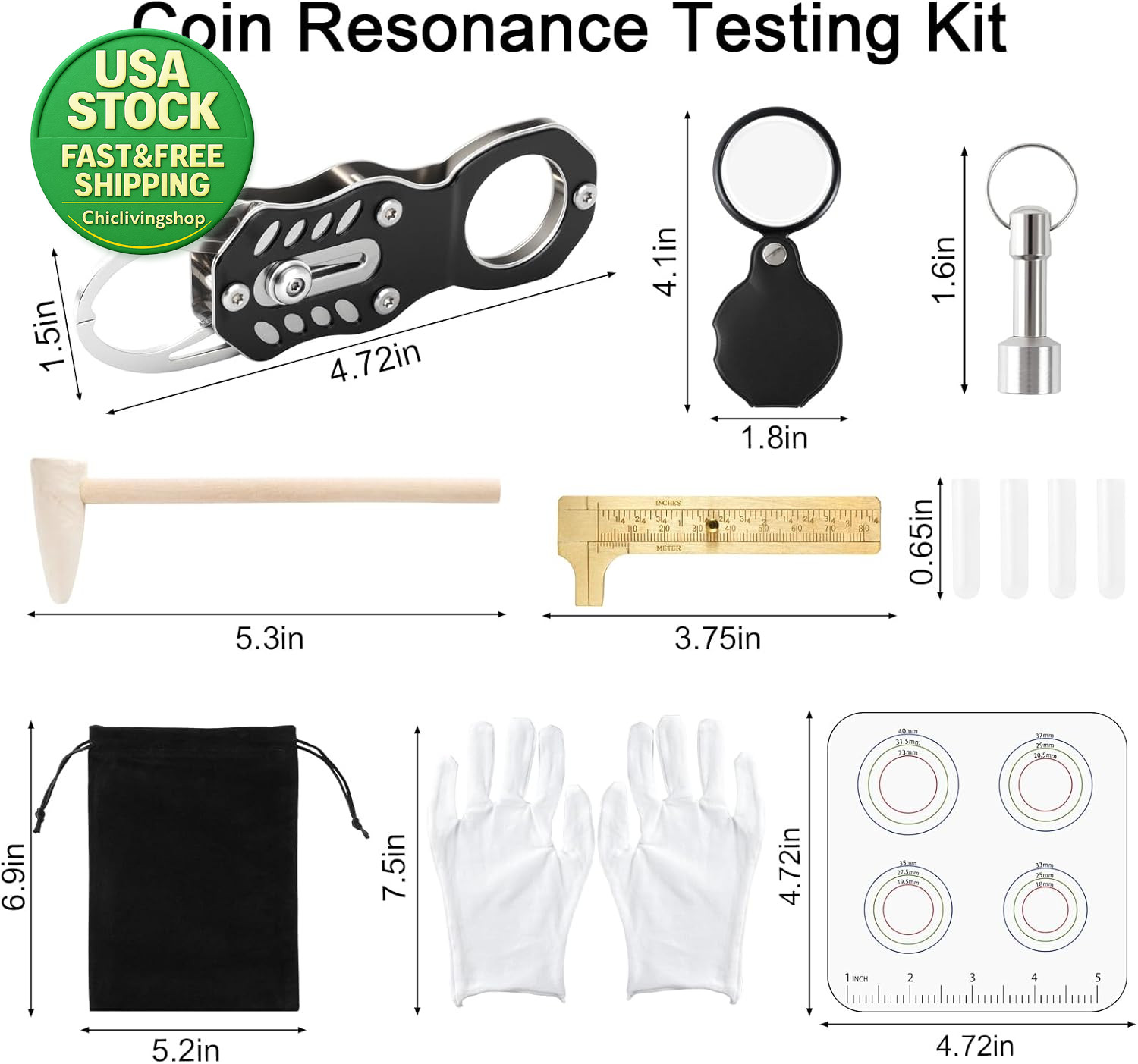 Coin Testing Kit for Silver Gold Coins Portable Pinger Magnet Measuring Caliper
