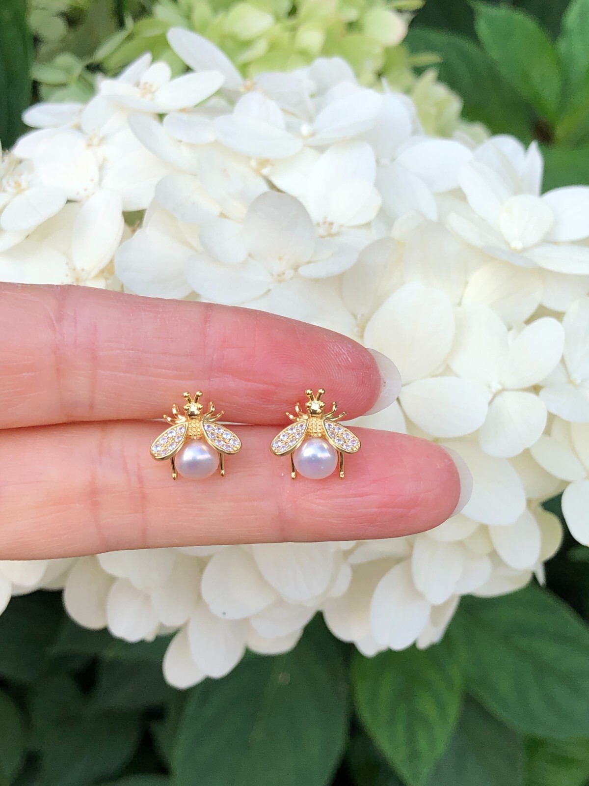 925 Sterling Silver CZ Pearl Bee Stud Earrings Women Girls Gold Studs 11mm