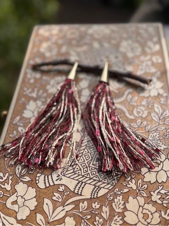 SACHI Metallic Burgundy and Silver Thread Tassel Earrings