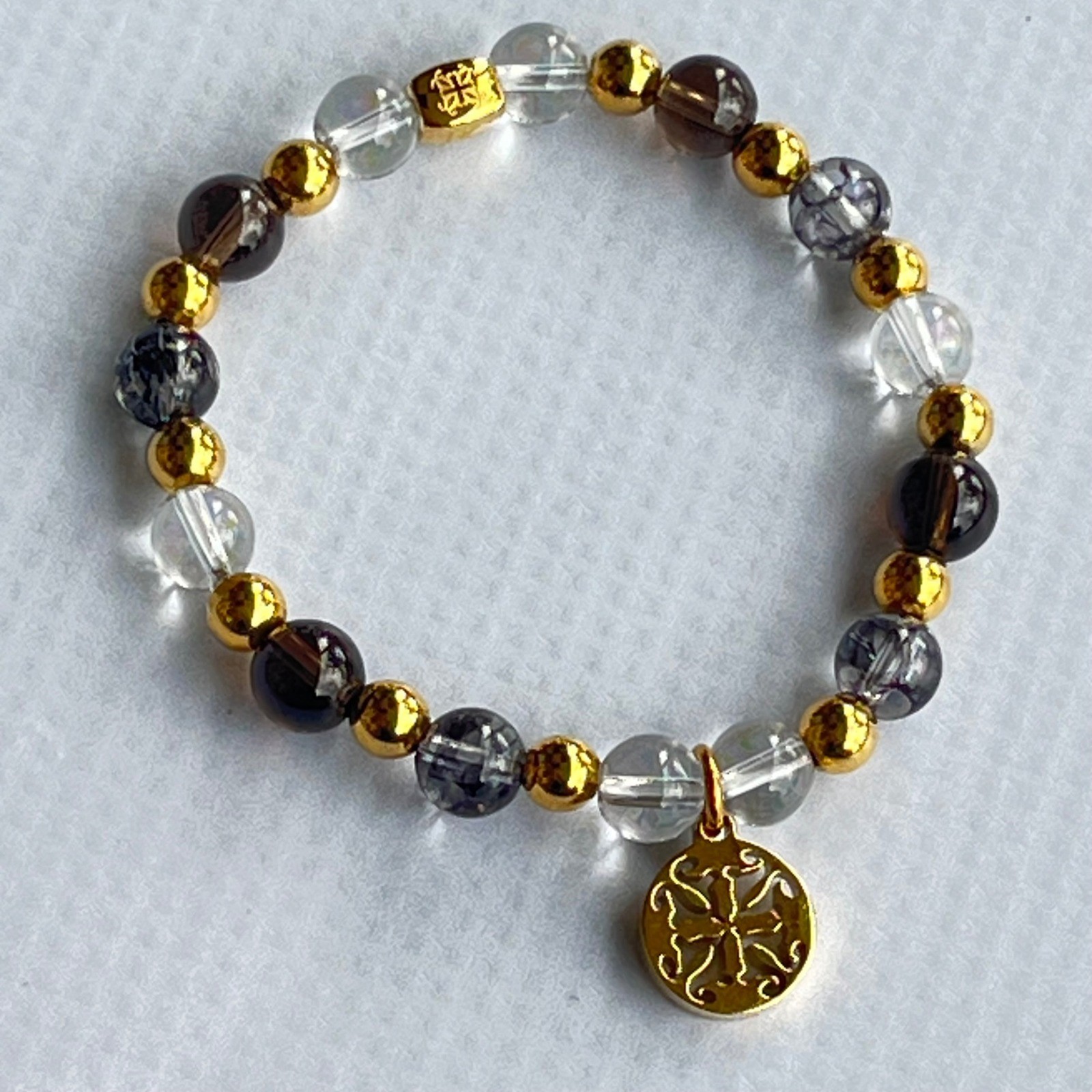 Rustic Cuff Beaded Stretch Bracelet Filigree Charm Marbled Logo Elegant Chic