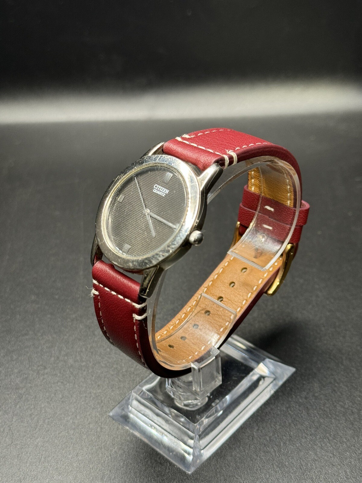 Citizen Quartz Silver Tone Dark Gray Dial Number-Less Watch Burgundy Strap