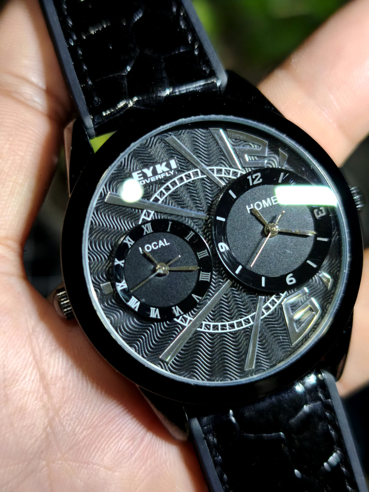 EYKI Overfly Men’s Dual Time Watch All Black Case Wave Dial Quartz
