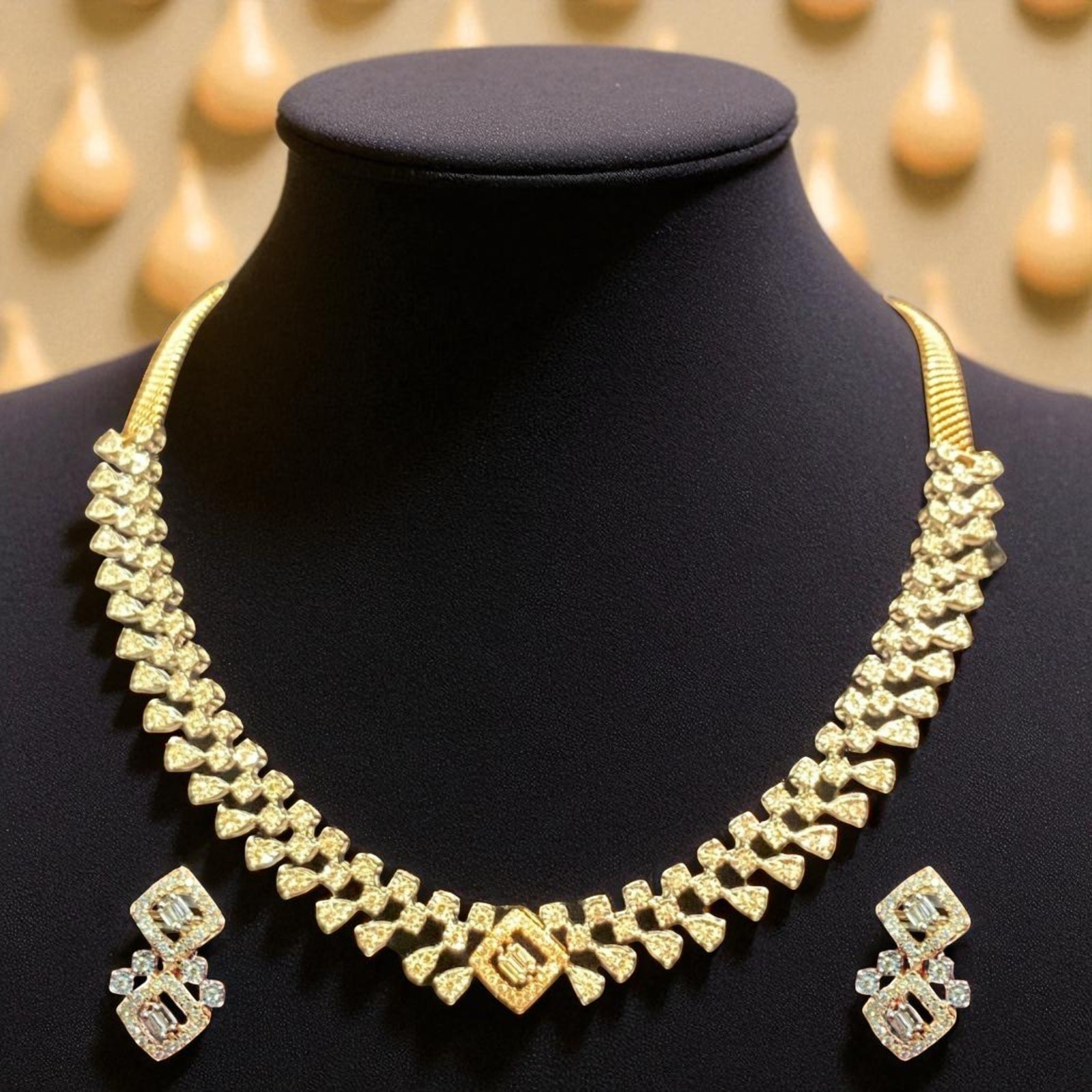 Classy 2.88 Cts Round Baguette Shape Natural Diamonds Necklace Earrings 14K Gold