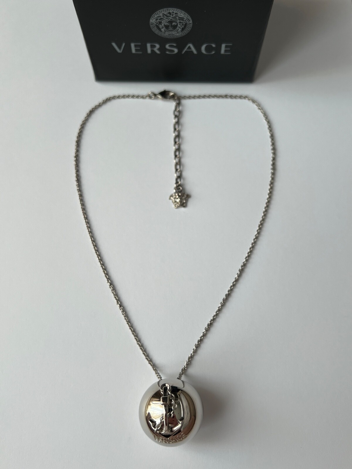 NIB Versace Nautical Anchor Logo Large Silver Sphere Round Pendant Necklace $975