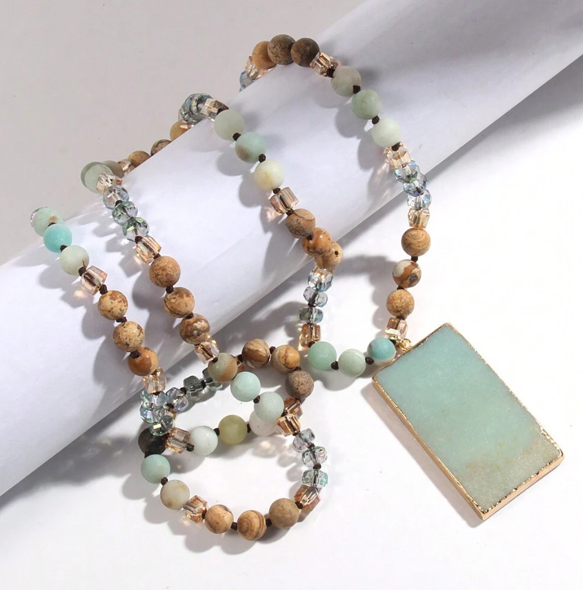 Amazonite & Jasper Beaded Natural Stone Necklace – Amazonite Pendant 18″ *NEW*
