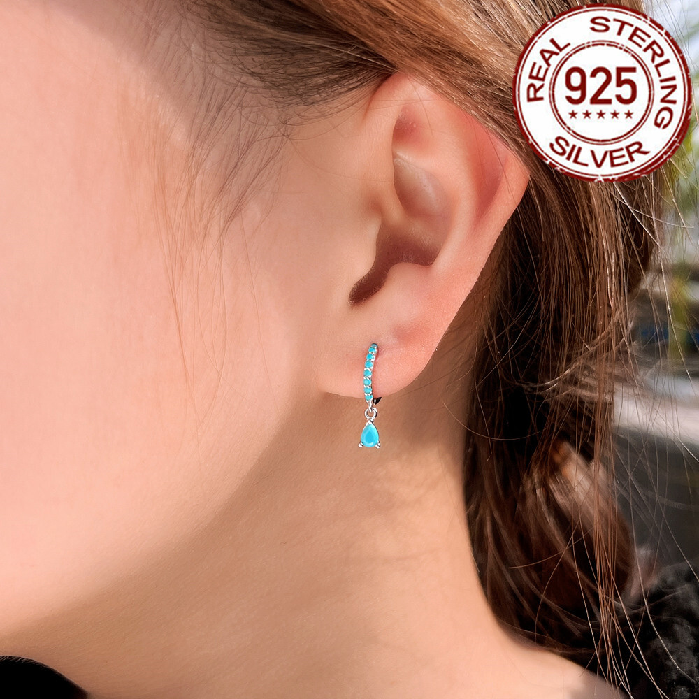 925 Sterling Silver Zircon Blue Turquoise Water Drop Dangle Hoop Huggie Earrings