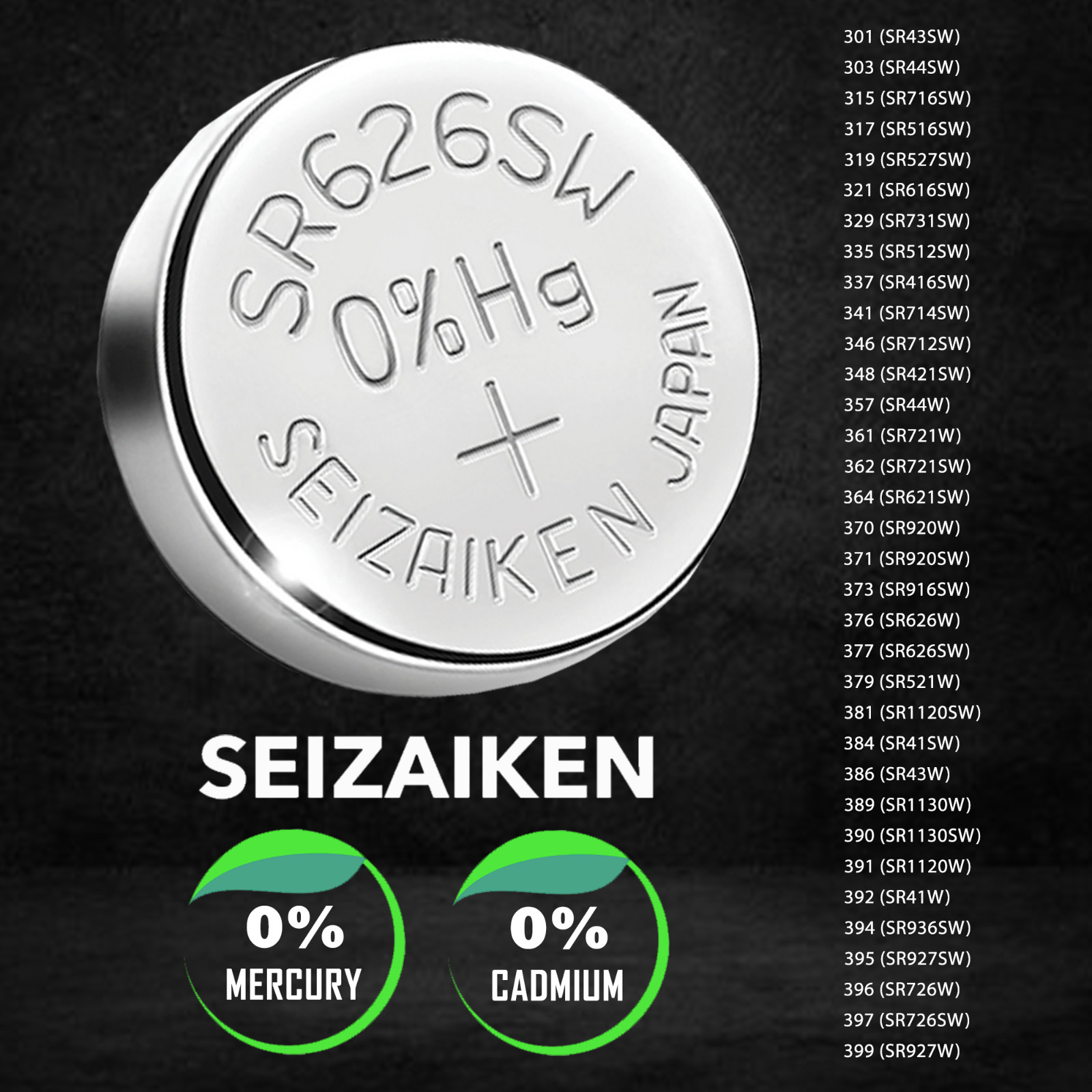 Seizaiken 362 SR721SW 1.55V 0%Hg Silver Oxide Watch Battery (10 Batteries)