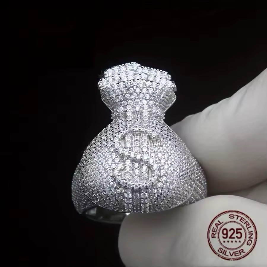 Mens Iced Out 925 Sterling Silver Money BAG Ring Hip Hop Square Luxury Bling