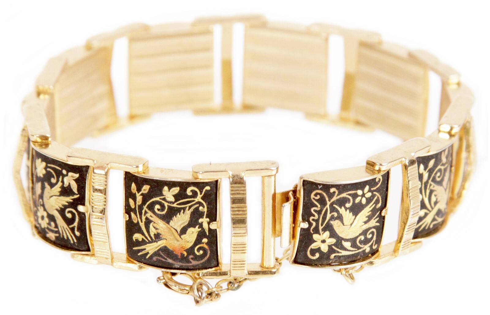 Vintage Spanish Toledo Bird Pattern Damascene Gold Plated Link Panel Bracelet
