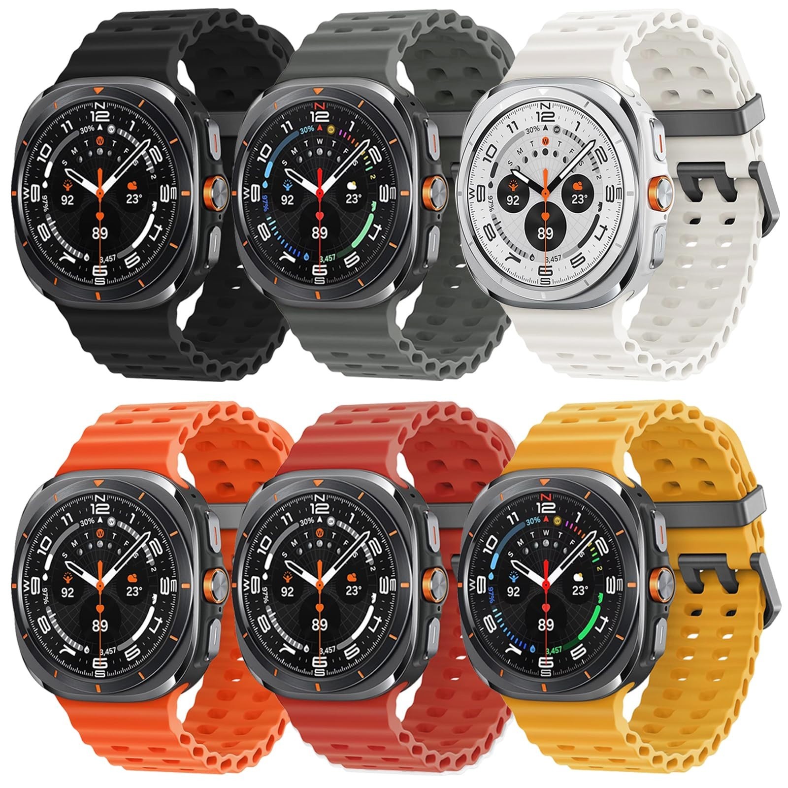 6 Pack Waterproof Silicone Bands for Samsung Galaxy Watch Ultra 47mm, Soft Sport