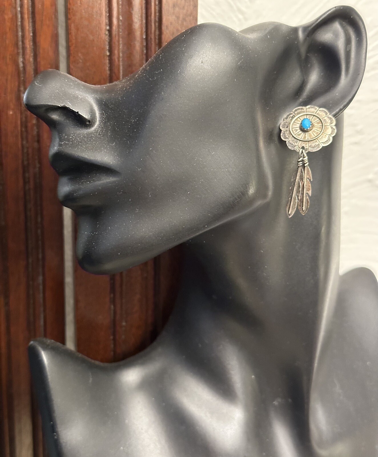 Vintage Roger Skeet Native American 925 Silver Turquoise Feather Dangle Earrings