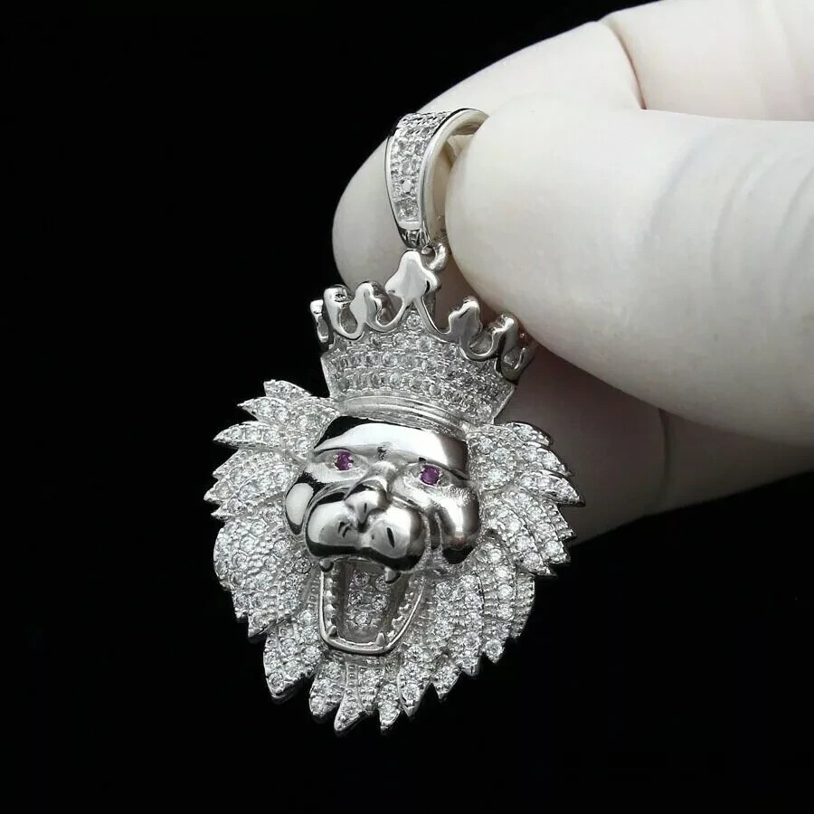 3 CT Round Cut VVS1 Diamond Men’s 14K White Gold Over Lion Face Charm Pendant