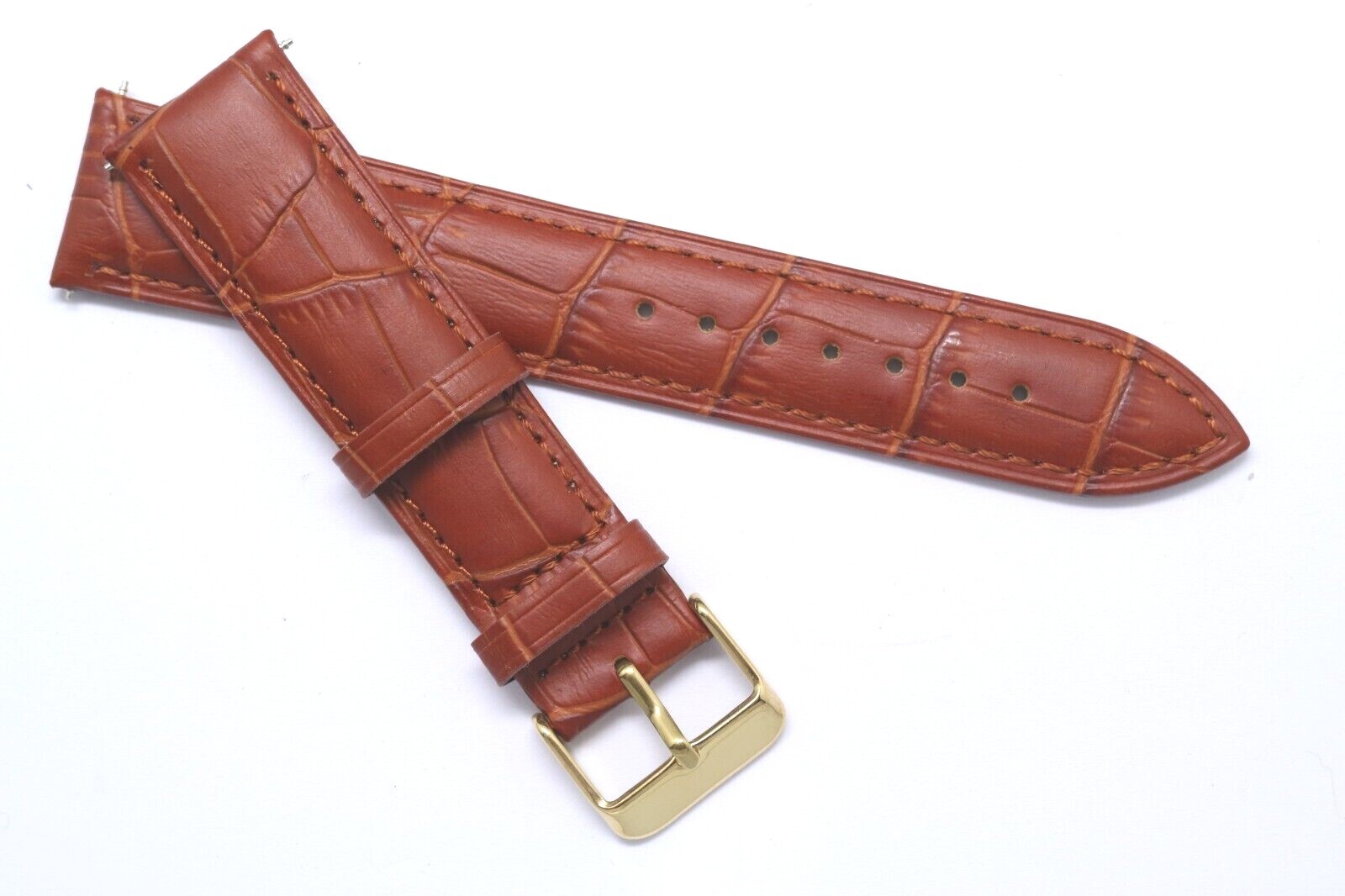20mm Brown Croco Embossed Leather Unisex Watch Band Strap W/ Gold Tone Buckle