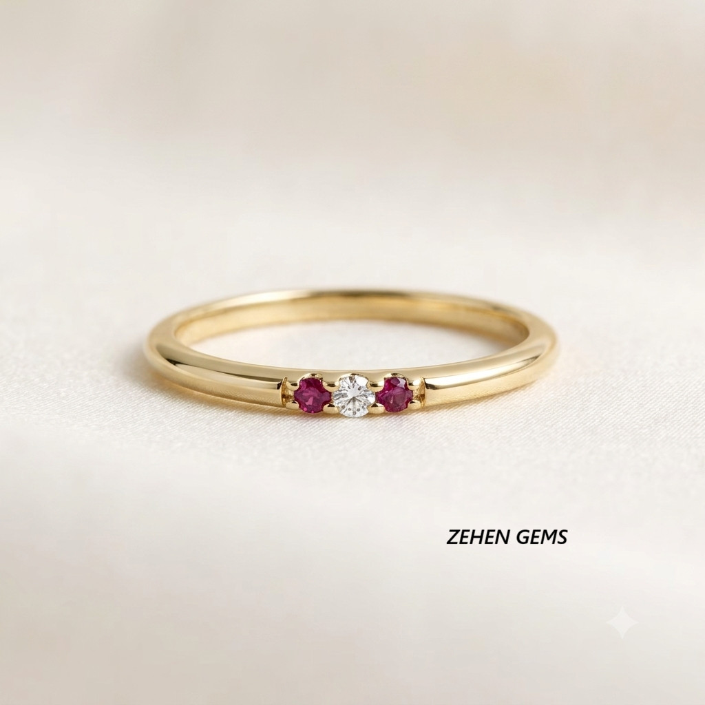 Lab created 925 Sterling Silver Gold Plated Ruby & White Zircon Three Stone Ring