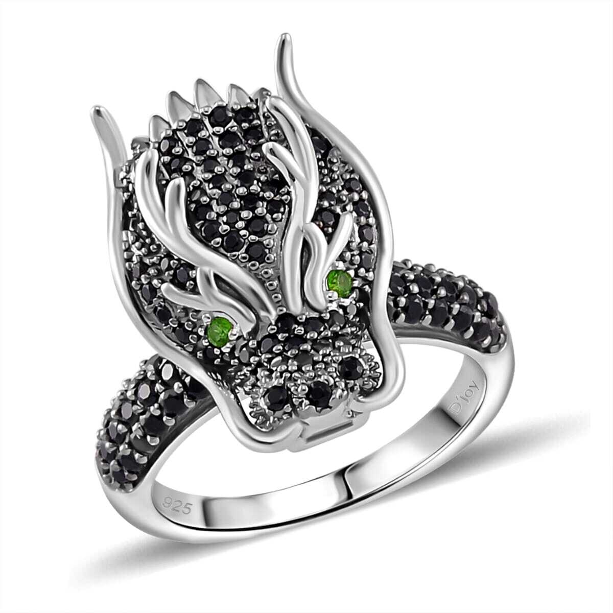 1.20ctw Black Spinel & Chrome Diopside Dragon Head Ring Rhodium Plated Size 7