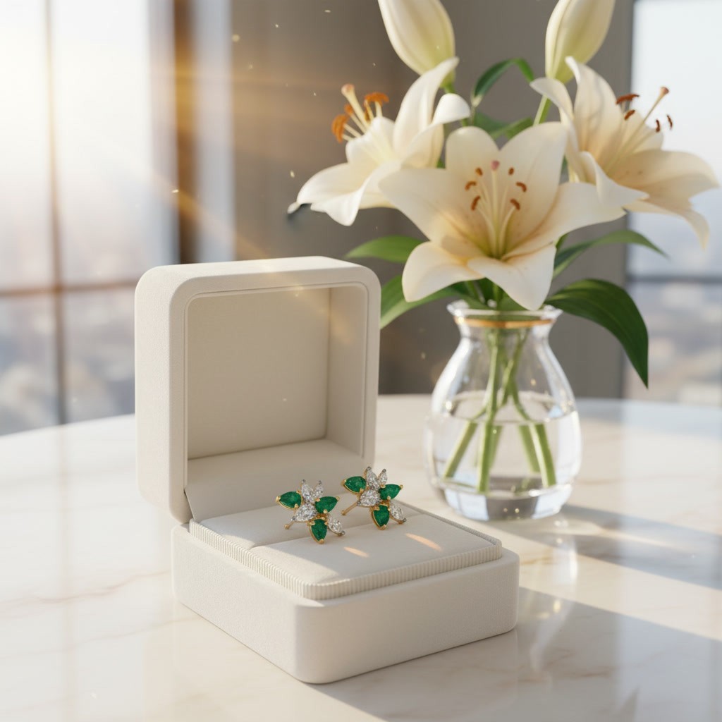 Natural Emerald Flower Cluster Stud Earrings 3x4mm Platinum Plated