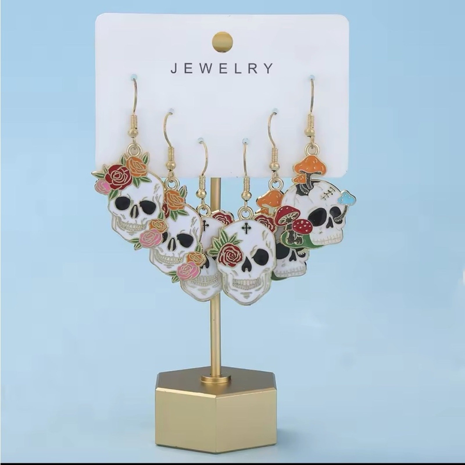 New – 3 Pairs of Flower Skull Dangle Earrings