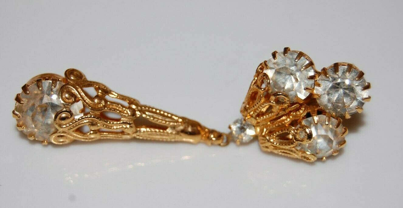 ELEGANT VTG CLEAR CRYSTALS FILIGREE ANTIQUE STYLE DROP DANG GOLDEN CLIP EARRINGS