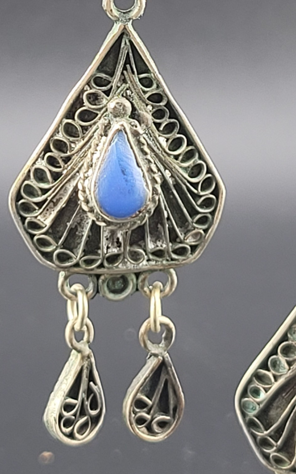 Vintage East India Blue Glass Stone Nickle Silver Chandelier Statement Earrings