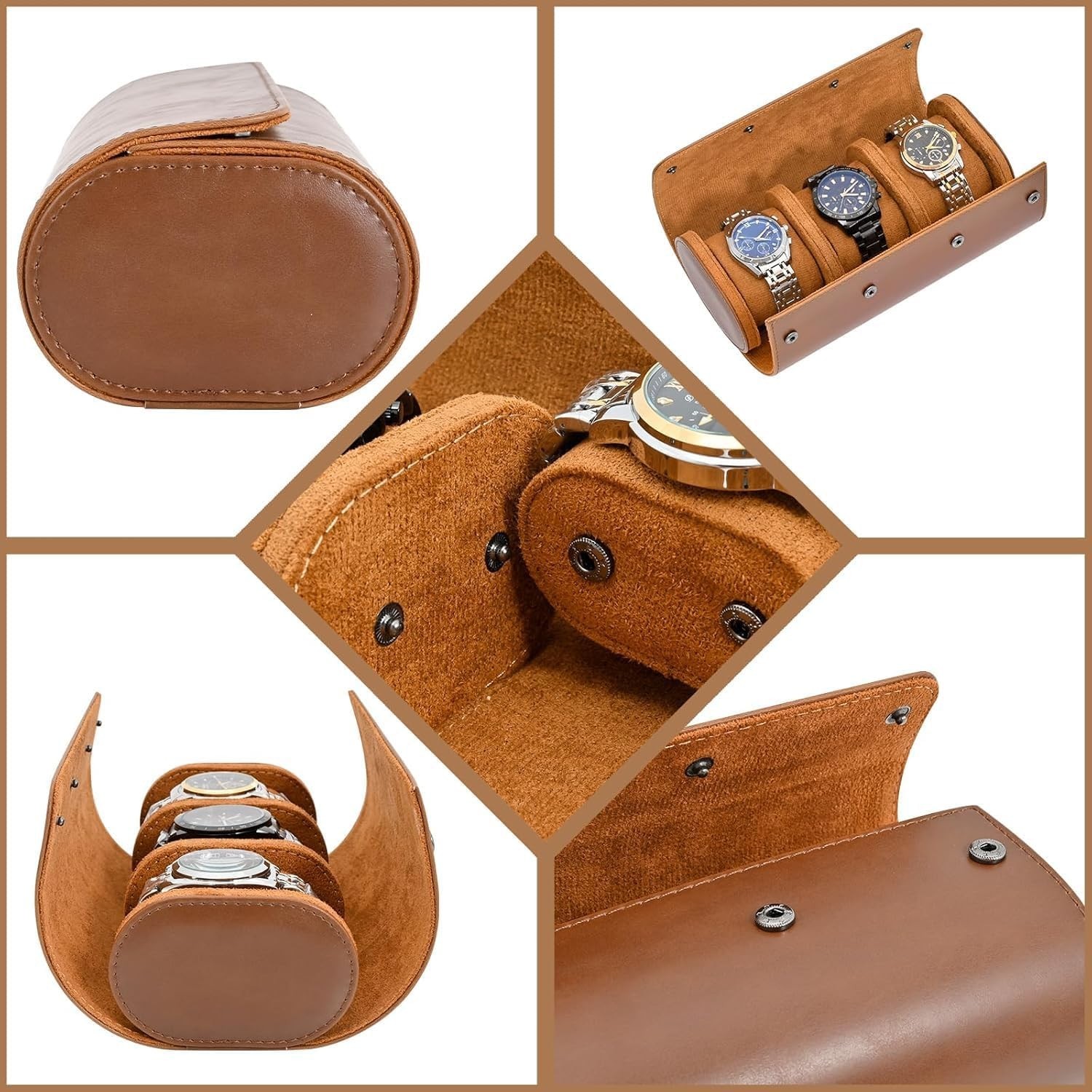 Compact 3-Watch Roll Case with Secure Button Closure – Ideal for Home and Travel