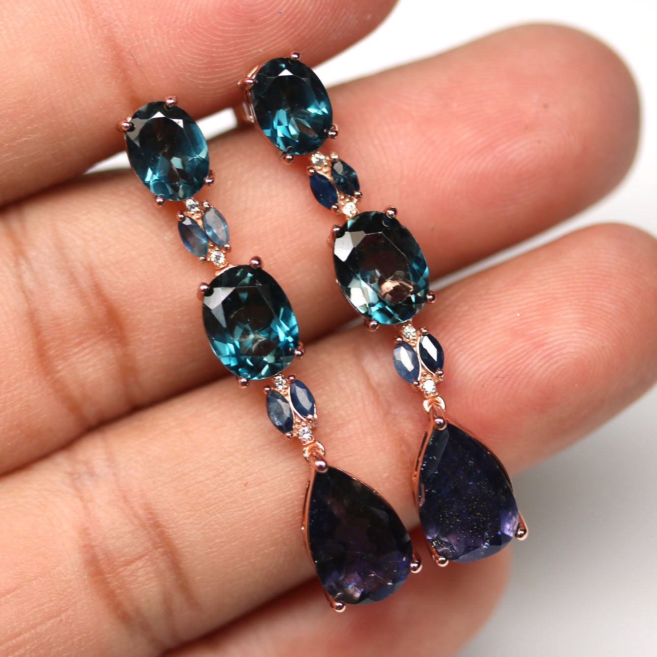 Handmade 925 Silver 7 x 11 mm. Blue Iolite Topaz Sapphire ZirconEarrings