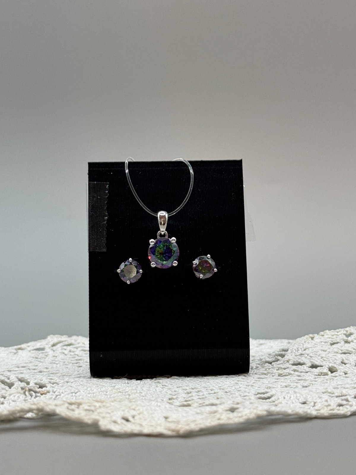 Sterling Silver Faux Mystic Topaz Glass Pendant & Post Earrings Set No Chain