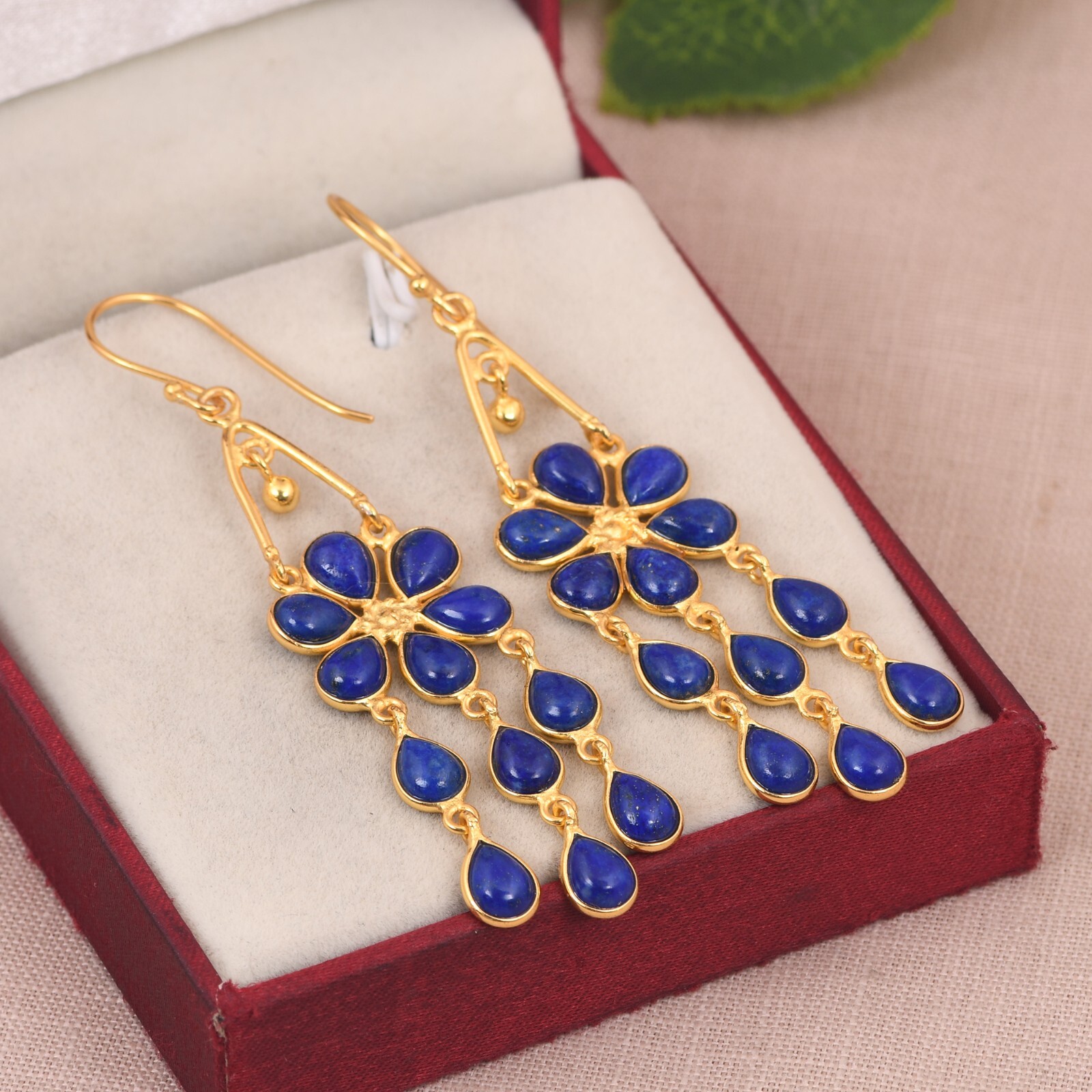 Artisan Fringe Drop Gold Plated Women’s Earrings Lapis Lazuli For Birthday Gift
