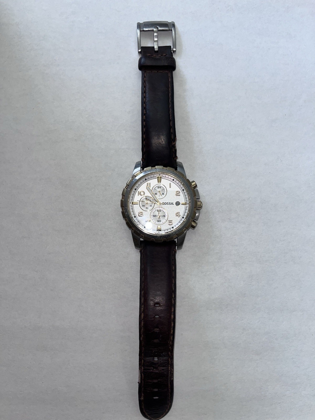 Fossil Chronograph 12-Hour Analog Watch White Dial Brown Leather Strap