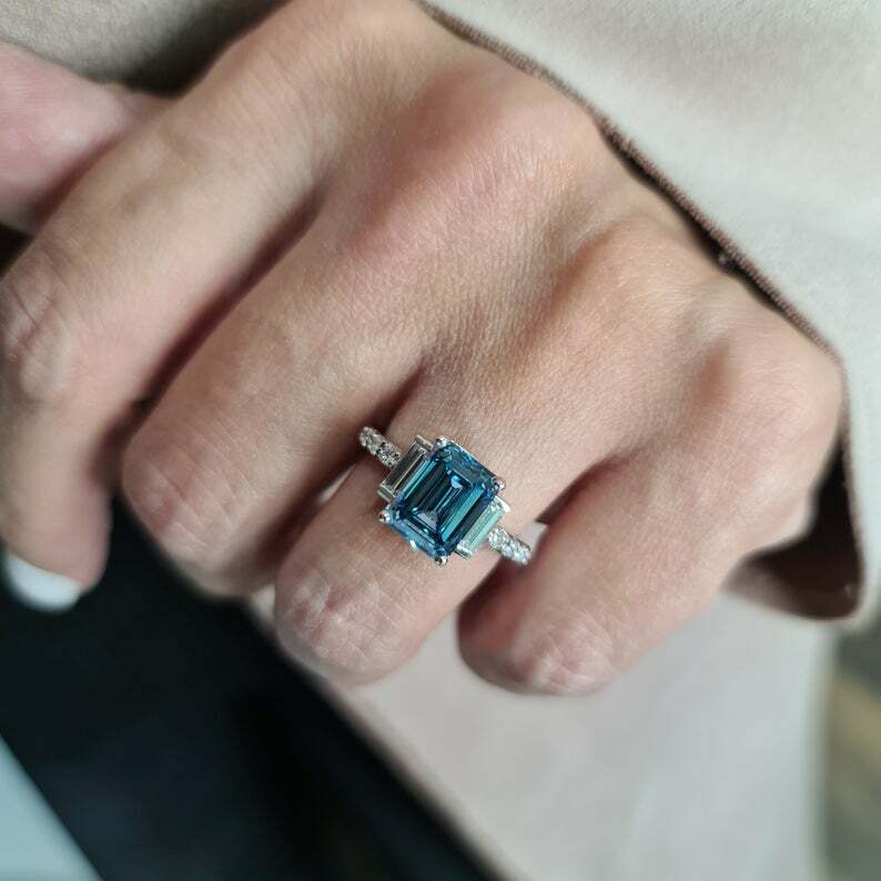3Ct Emerald Simulated Blue Diamond Three Stone Ring 14k White Gold Plated Silver