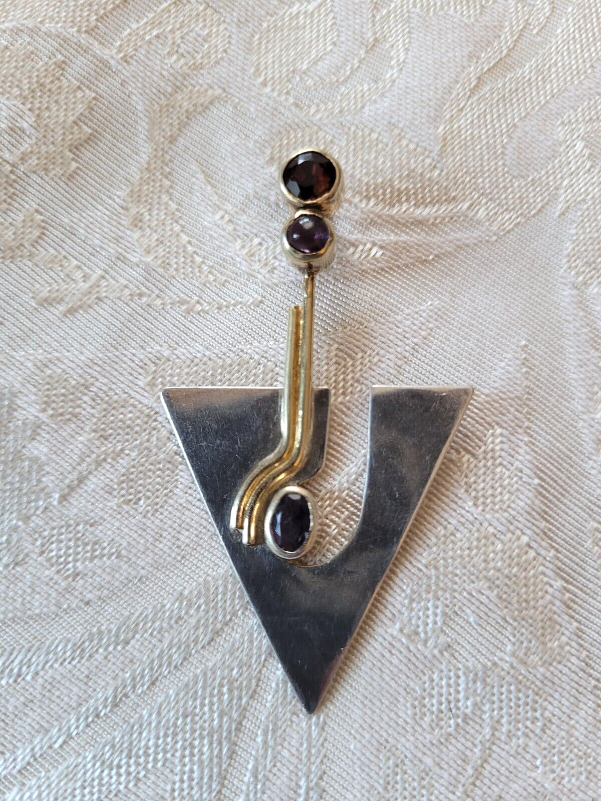 Vintage Signed YES Studio 925 Sterling Silver Amethyst Modernist Arrow? Pendant