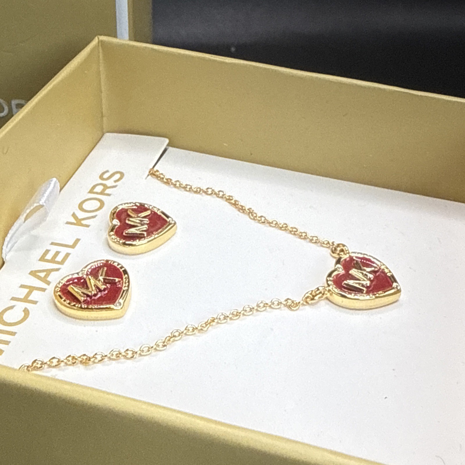 Michael Kors Heart Logo Red and Gold-Tone Brass Necklace and Earrings Gift Set
