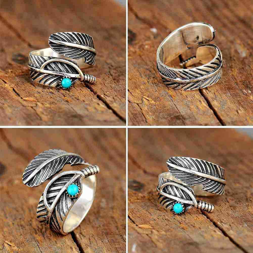 Navajo Indian Handmade Sterling Silver Turquoise Feather Adjustable Rings