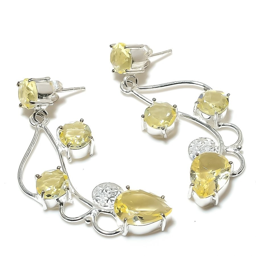 Yellow Lemon Quartz Gemstone 925 Sterling Silver Jewelry Stud Earring Size 2.20″