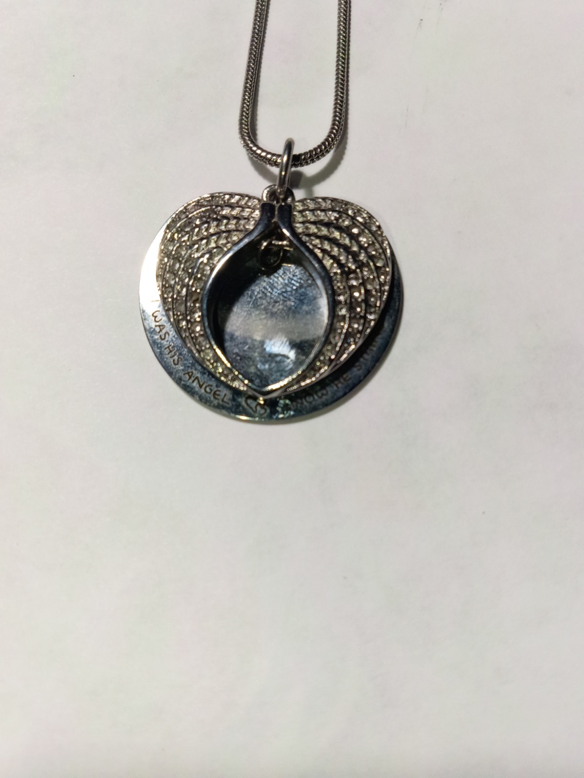 Silver Tone Angel Round Wings Charm Pendant Necklace, Snake Chain Lobster Clasp