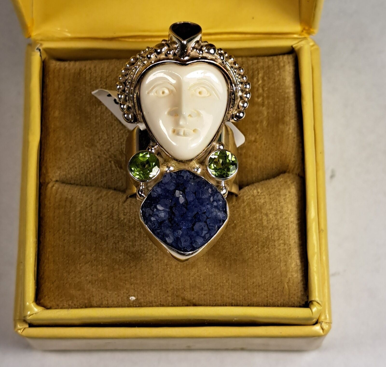 SAJEN Sterling Silver Carved Goddess Face Amethyst Peridot Blue Druzy Ring 8 NEW